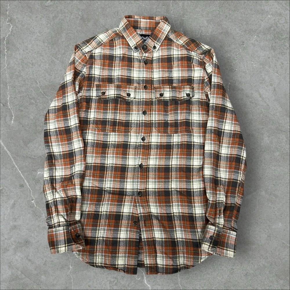 Dolce & Gabbana Flannel Shirt Men Medium Orange Plaid Button Up Designer Archive